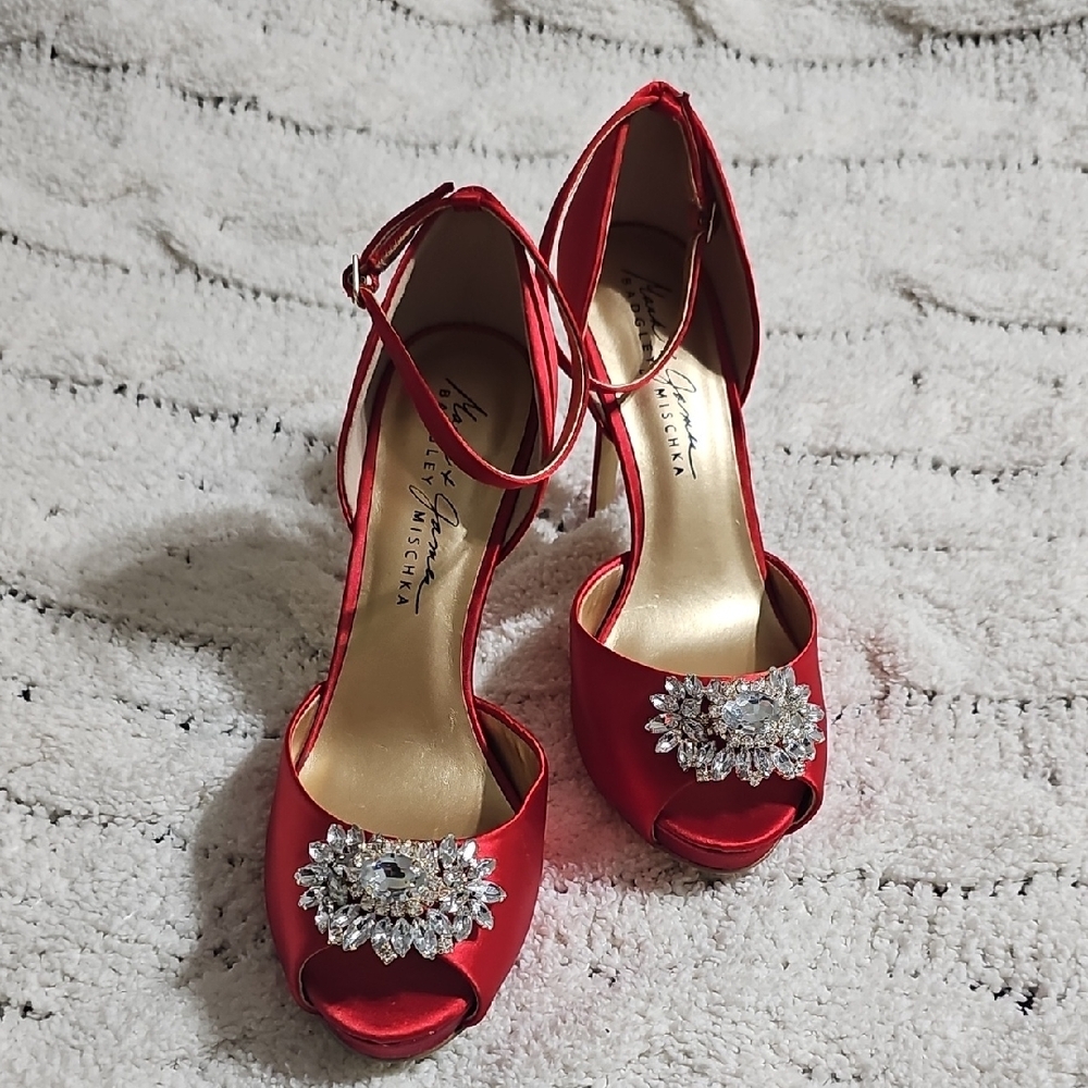 Badgley Mischka Red Satin Heels with Crystal Accents - Picture 2 of 6